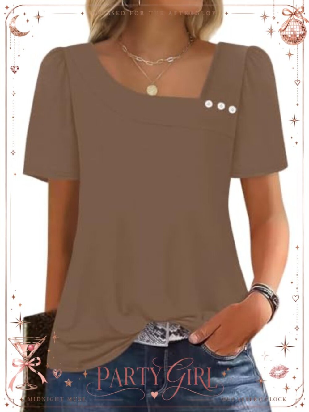 Square Neck Puff Sleeve Tunic T-Shirt Loose Fit Casual Summer Top